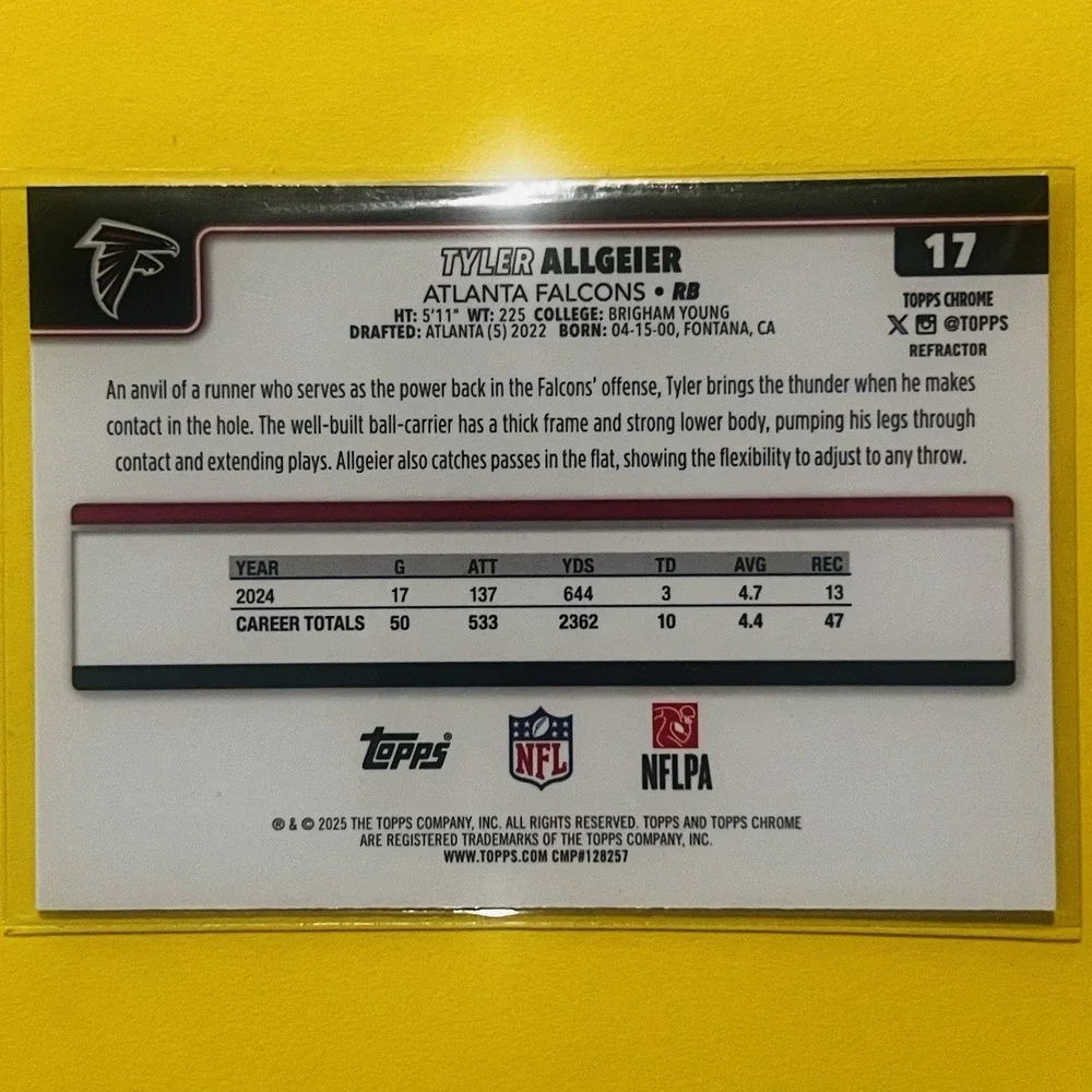 2025 Topps Chrome Football Tyler Allgeier Refractor #17‎ Atlanta Falcons NFL